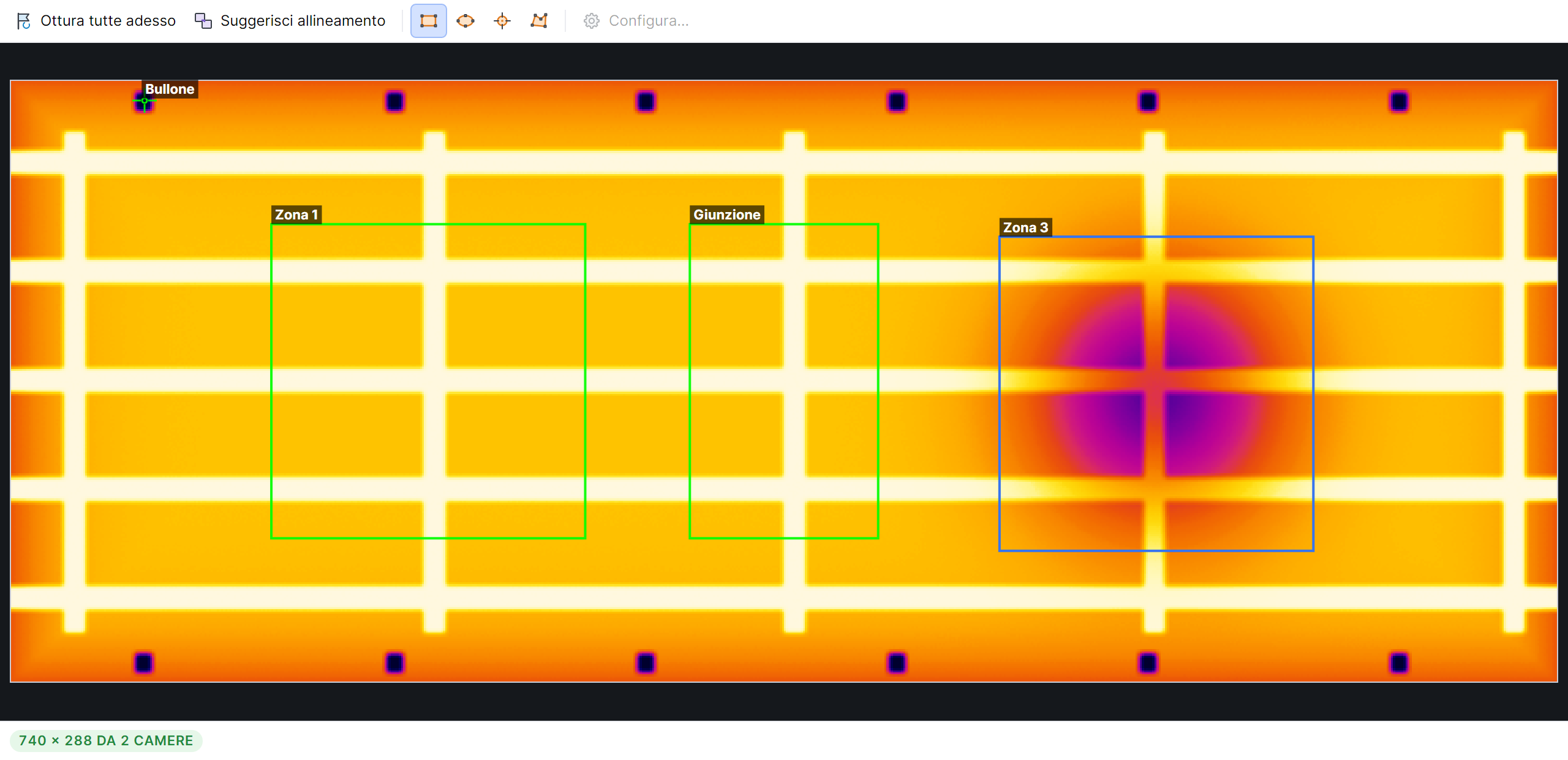 Pannello Merging: piano di 740 × 288 pixel composto da due camere su una piastra riscaldata, con le aree Zona 1, Giunzione e Zona 3 e una zona fredda dove un riscaldatore non lavora.